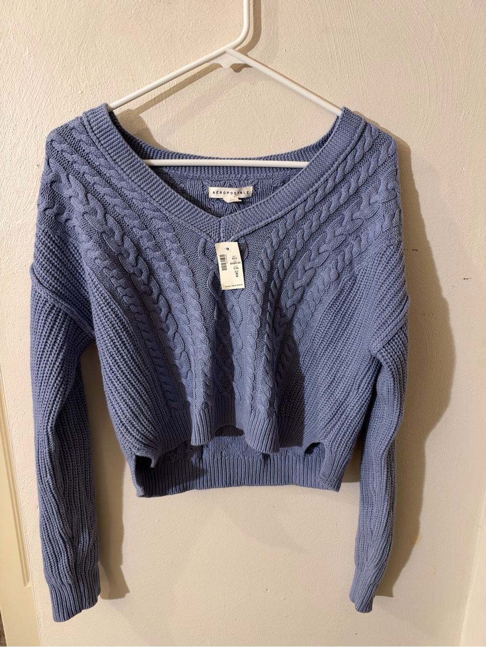 Aeropostale Women's Cropped Cable Knit V-Neck Sweater - Light Blue